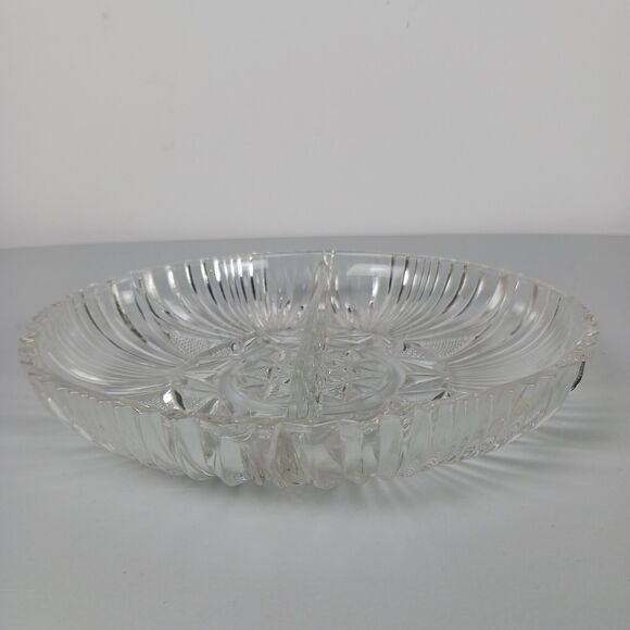 Vintage Clear Cut Glass Round Divided Dish - Relish, candy, condiments - Picture 2 of 6
